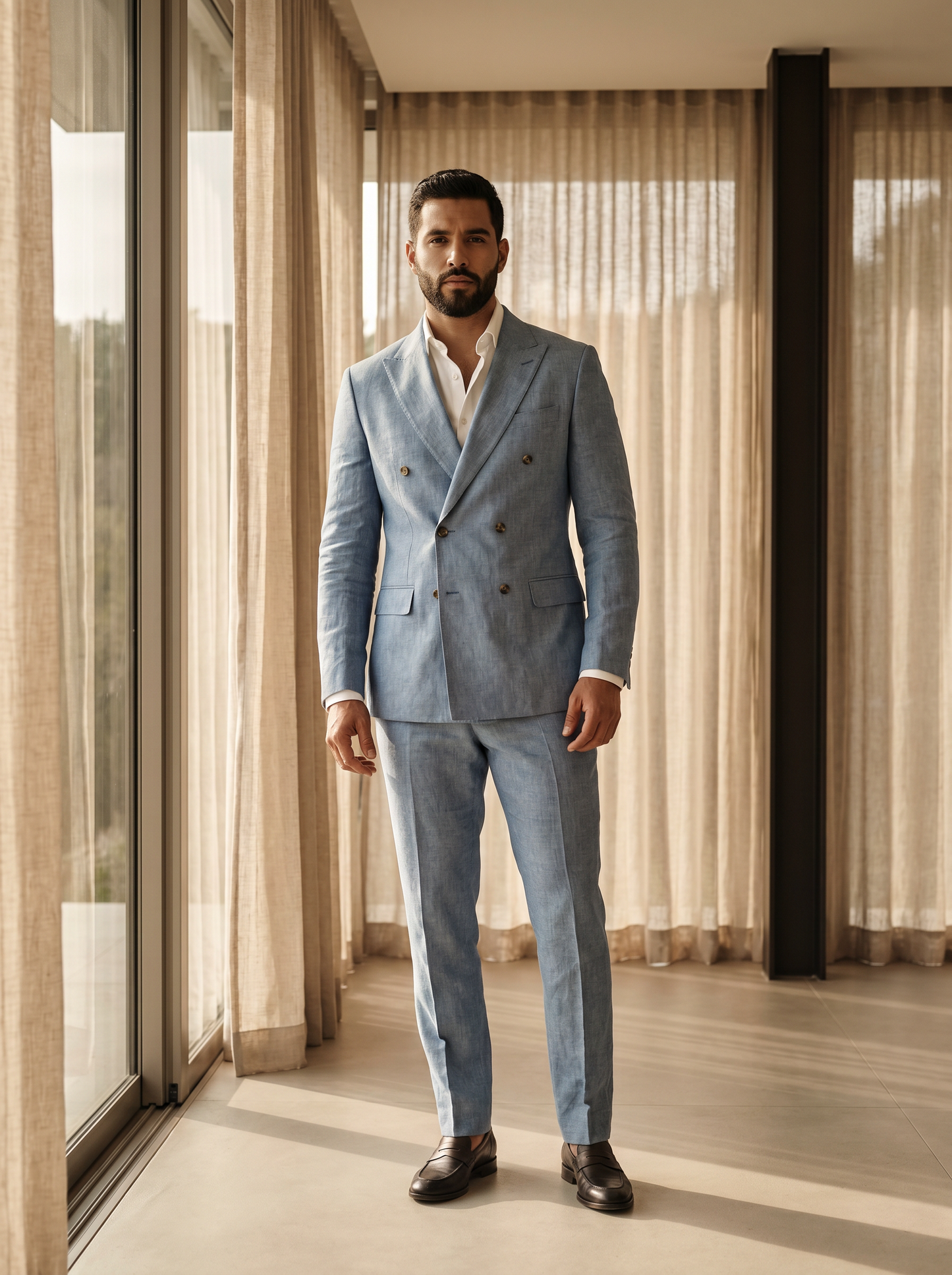 Light Blue Linen Double Breasted Suit — Custom Made to Measure - front view