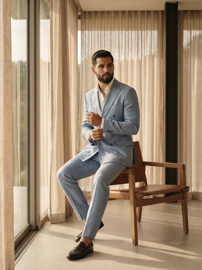 Light Blue Linen Double Breasted Suit — Custom Made to Measure - seated view