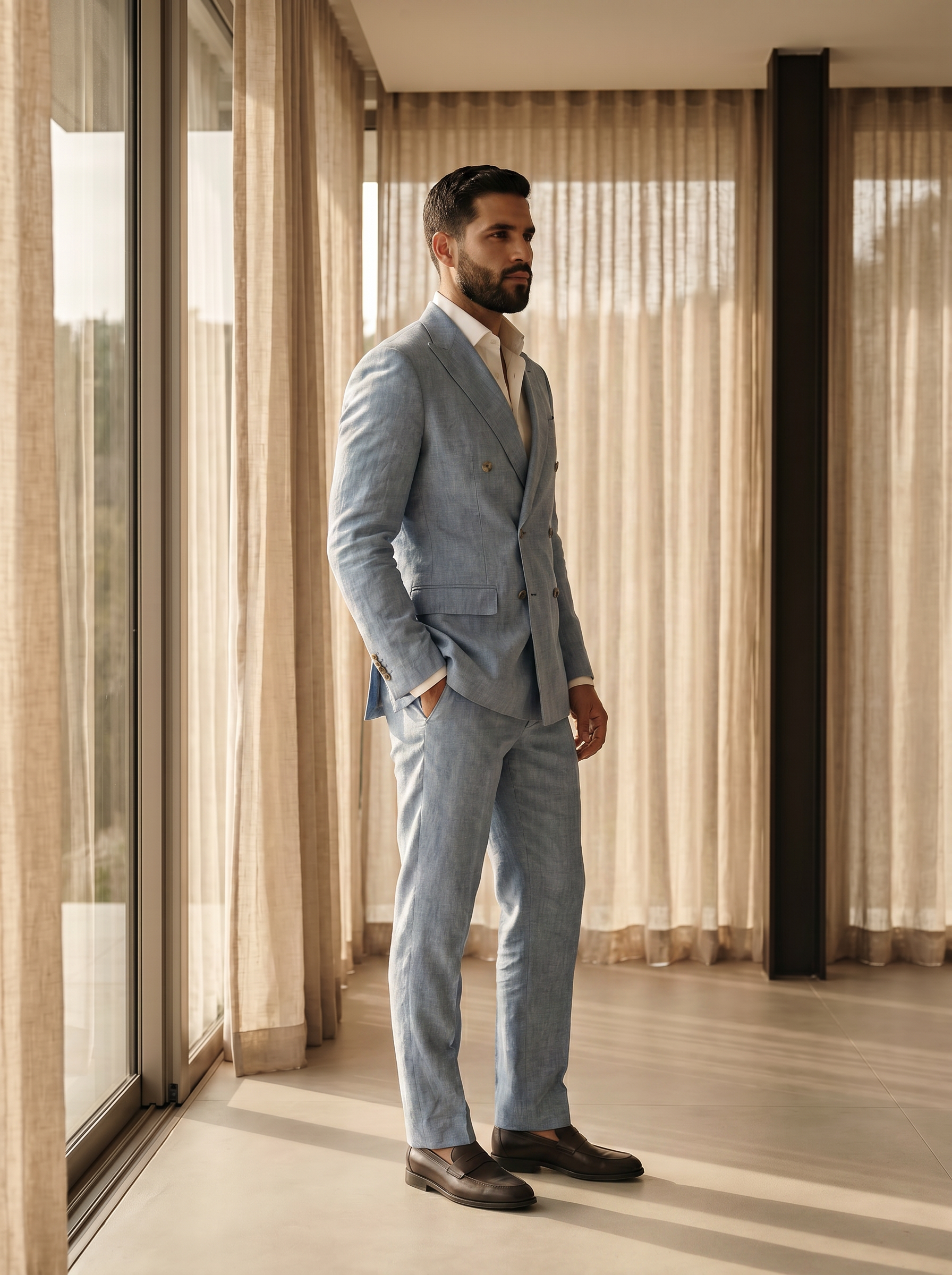Light Blue Linen Double Breasted Suit — Custom Made to Measure - side view