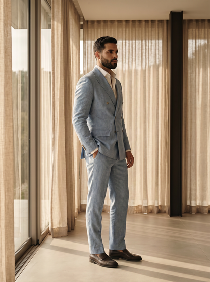 Light Blue Linen Double Breasted Suit — Custom Made to Measure - side view