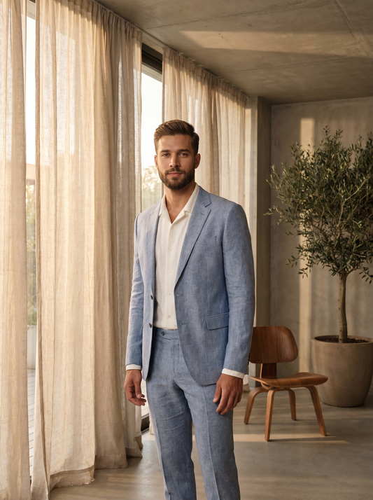 Light Blue Linen Groomsmen Suit — Custom Made to Measure - front view