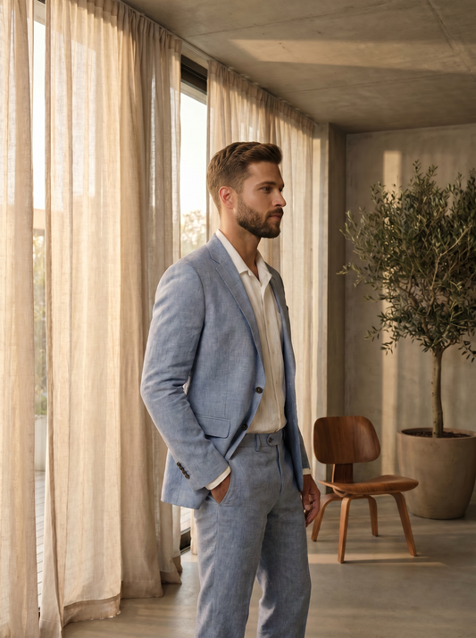 Light Blue Linen Groomsmen Suit — Custom Made to Measure - side view