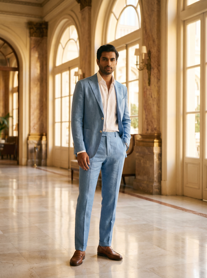 Light Blue Linen Suit — Custom Made to Measure - front view