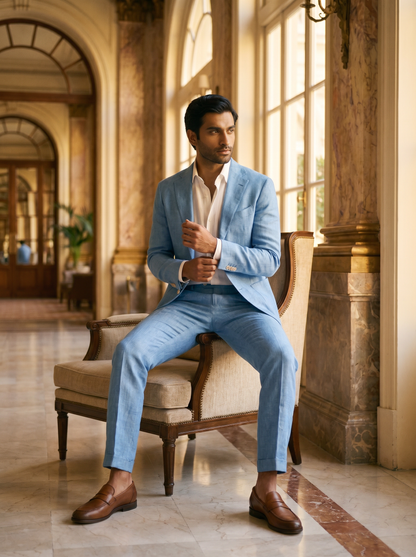 Light Blue Linen Suit — Custom Made to Measure - seated view