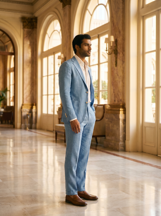 Light Blue Linen Suit — Custom Made to Measure - side view