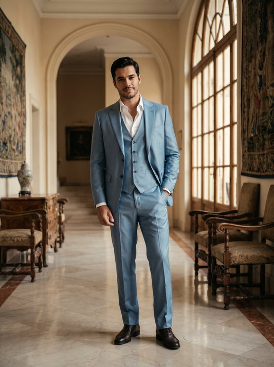 Light Blue Silk Blend 3-Piece Suit — Custom Made to Measure - front view
