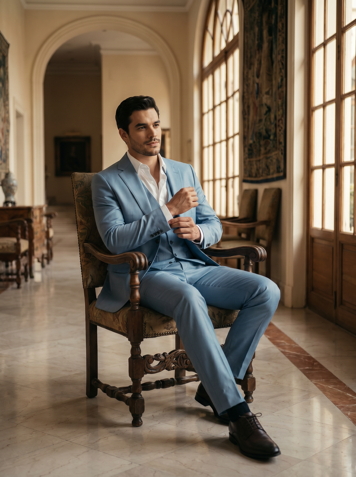 Light Blue Silk Blend 3-Piece Suit — Custom Made to Measure - seated view