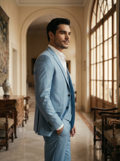 Light Blue Silk Blend 3-Piece Suit — Custom Made to Measure - side view