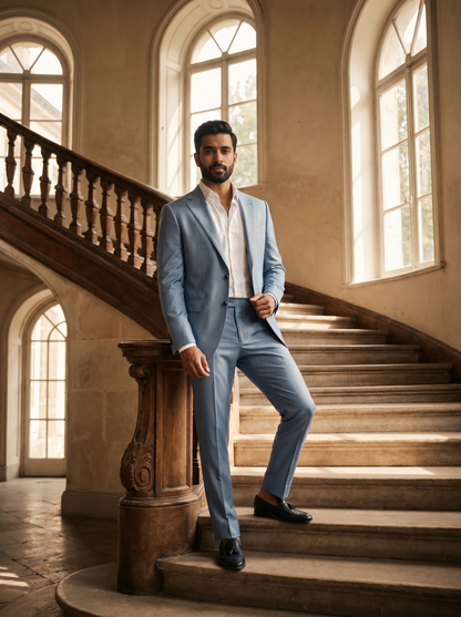 Light Blue Silk Blend Suit — Custom Made to Measure - front view