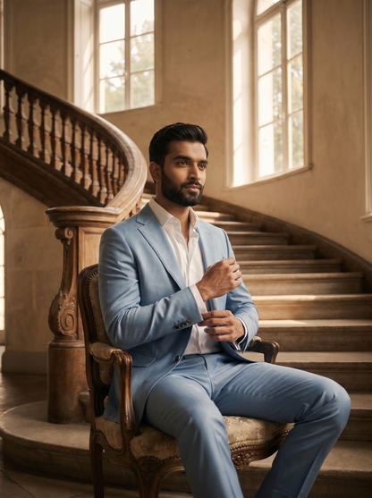 Light Blue Silk Blend Suit — Custom Made to Measure - seated view