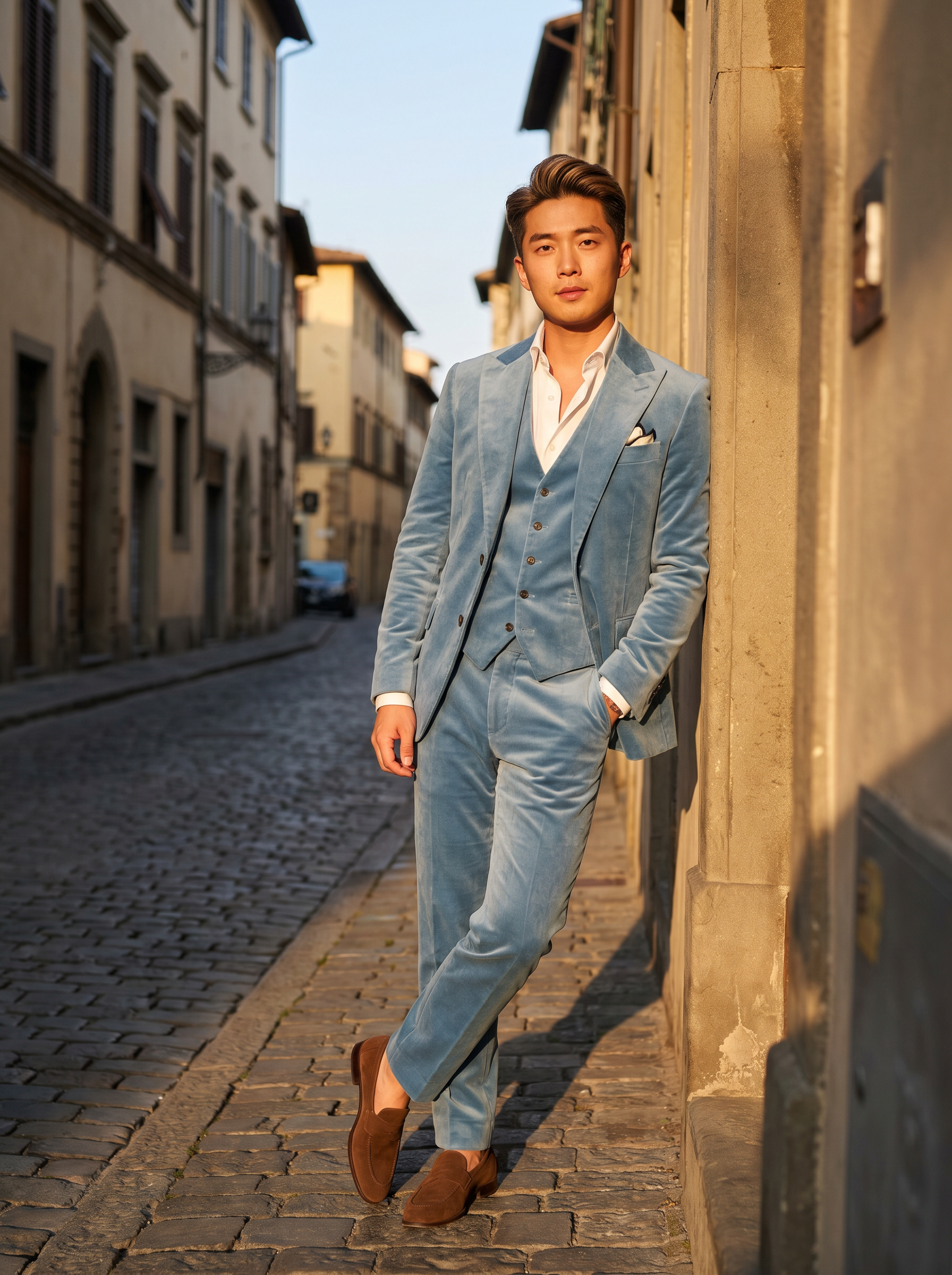 Light Blue Velvet 3-Piece Suit — Custom Made to Measure - front view
