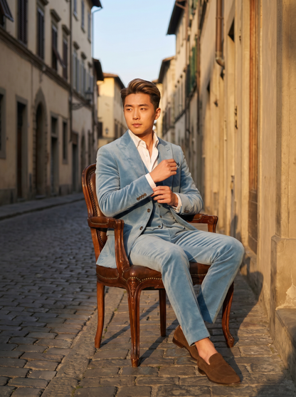 Light Blue Velvet 3-Piece Suit — Custom Made to Measure - seated view