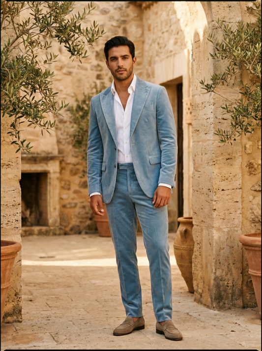 Light Blue Velvet Groomsmen Suit — Custom Made to Measure - front view