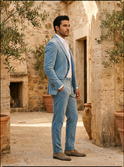 Light Blue Velvet Groomsmen Suit — Custom Made to Measure - side view