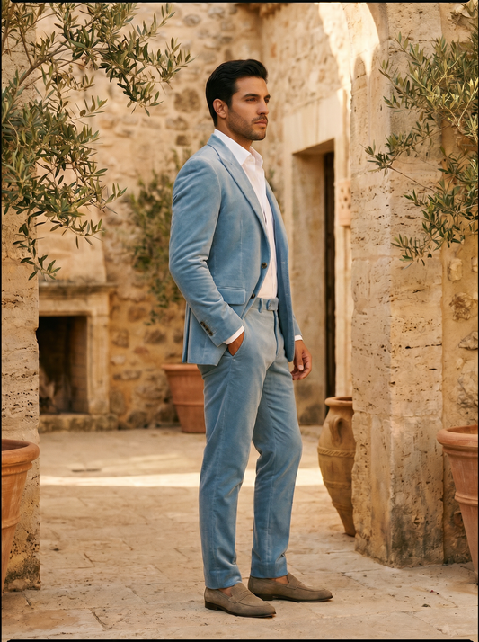 Light Blue Velvet Groomsmen Suit — Custom Made to Measure - side view