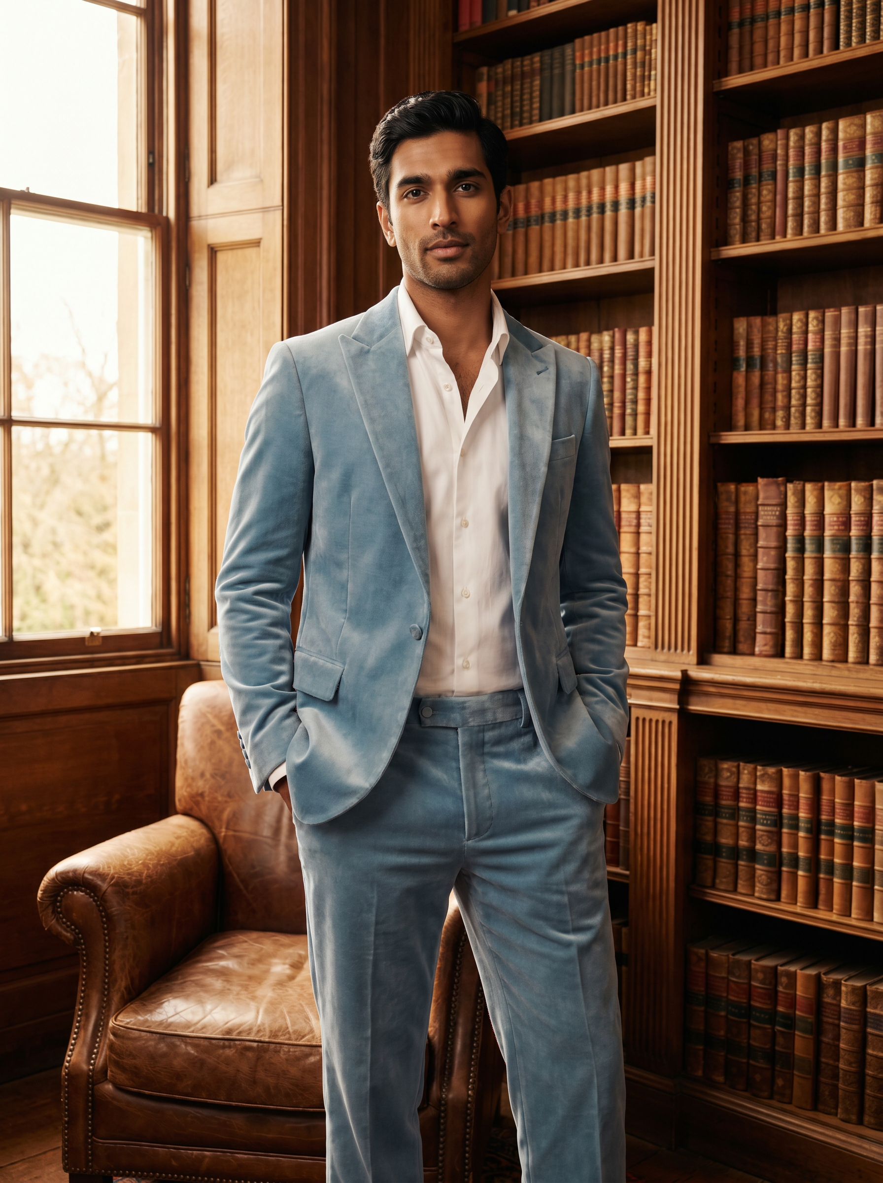 Light Blue Velvet Suit — Custom Made to Measure - front view