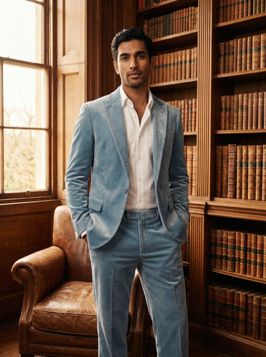 Light Blue Velvet Suit — Custom Made to Measure - front view