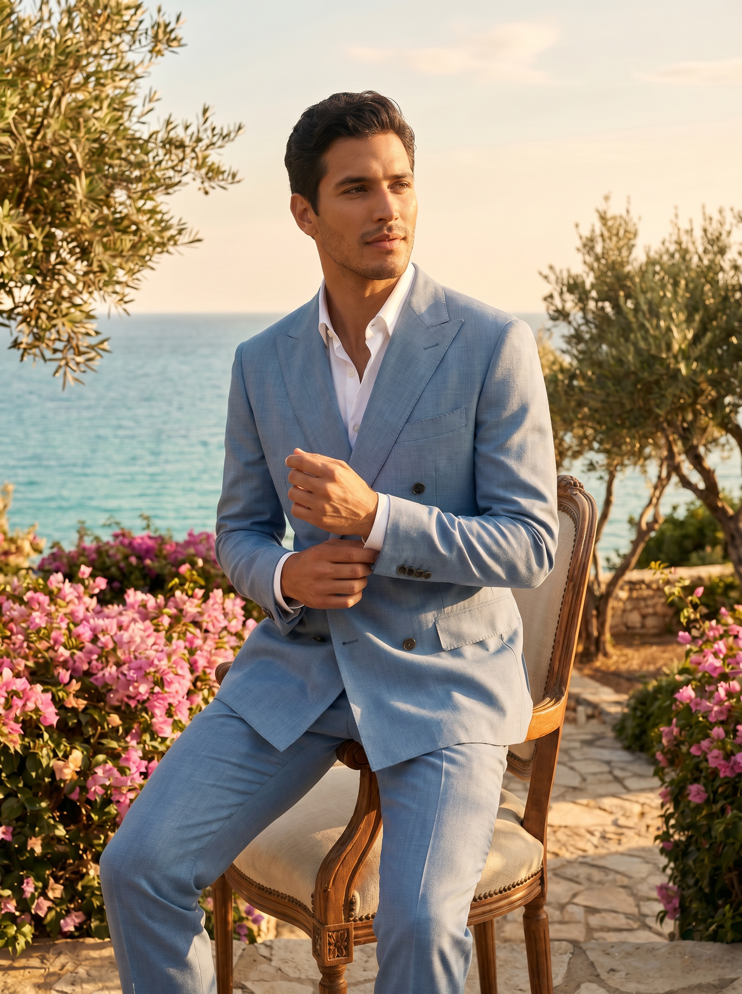 Light Blue Wool Double Breasted Suit — Custom Made to Measure - seated view