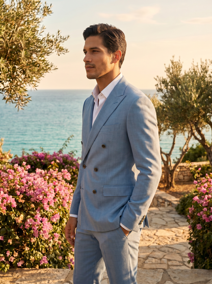 Light Blue Wool Double Breasted Suit — Custom Made to Measure - side view