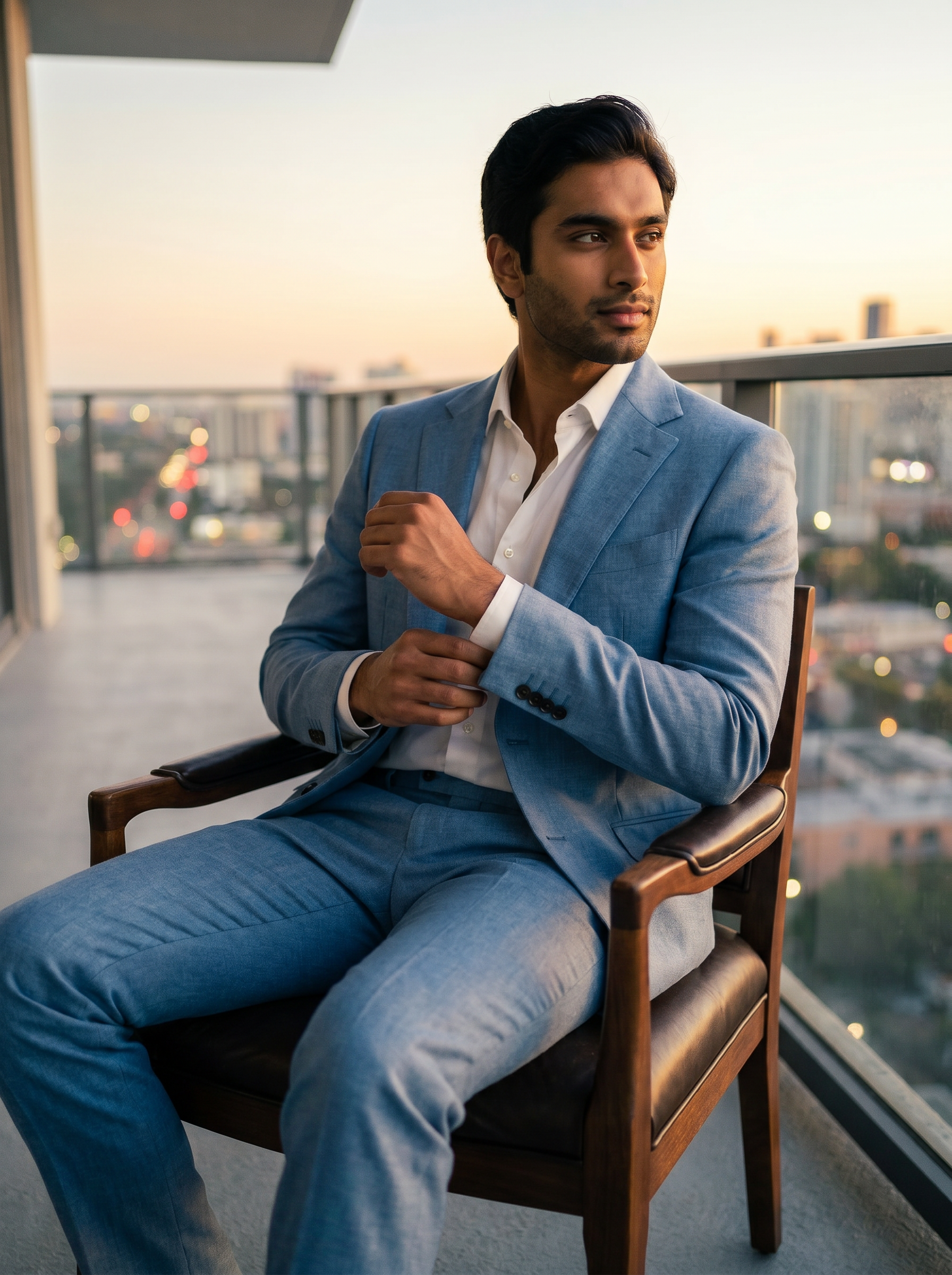 Light Blue Wool Suit — Custom Made to Measure - seated view