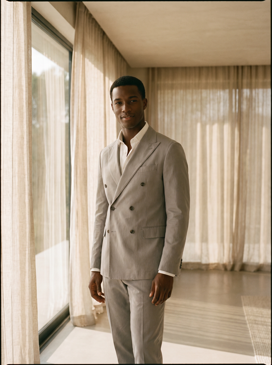 Light Gray Cotton Double Breasted Suit — Custom Made to Measure - front view