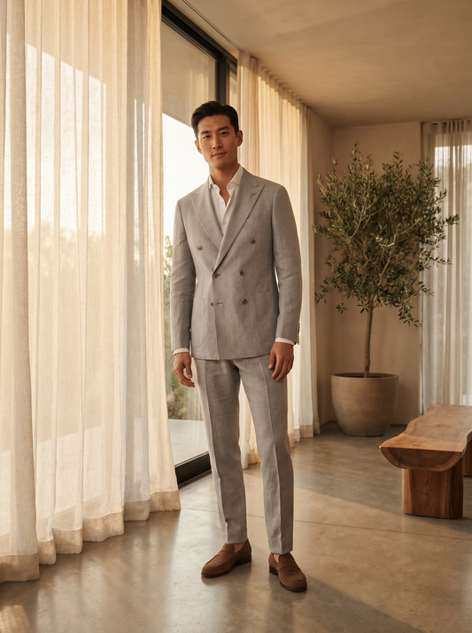 Light Gray Linen Double Breasted Suit — Custom Made to Measure - front view