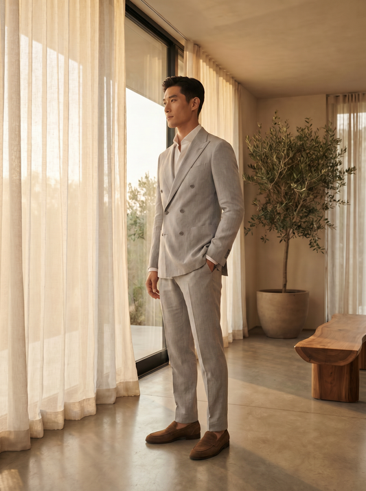 Light Gray Linen Double Breasted Suit — Custom Made to Measure - side view