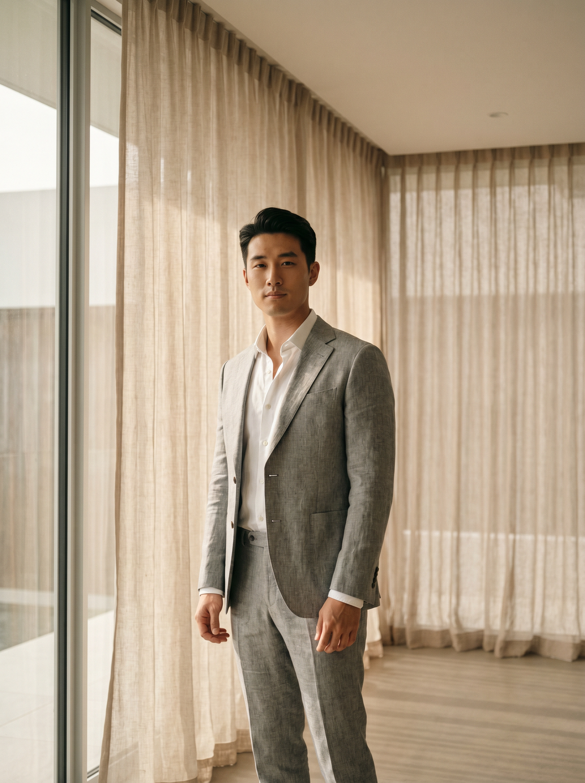 Light Gray Linen Groomsmen Suit — Custom Made to Measure - front view