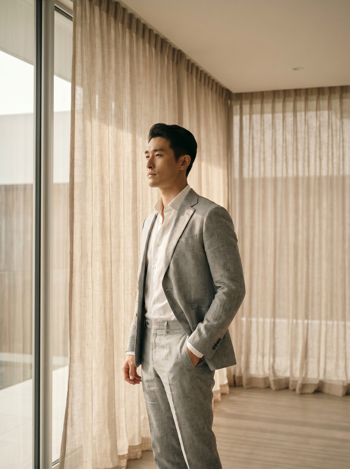 Light Gray Linen Groomsmen Suit — Custom Made to Measure - side view