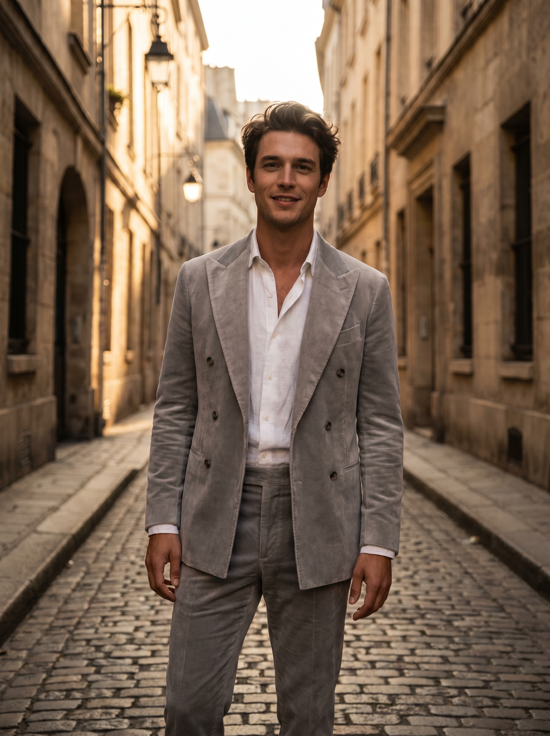 Light Gray Velvet Double Breasted Suit — Custom Made to Measure - front view