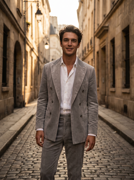Light Gray Velvet Double Breasted Suit — Custom Made to Measure - front view