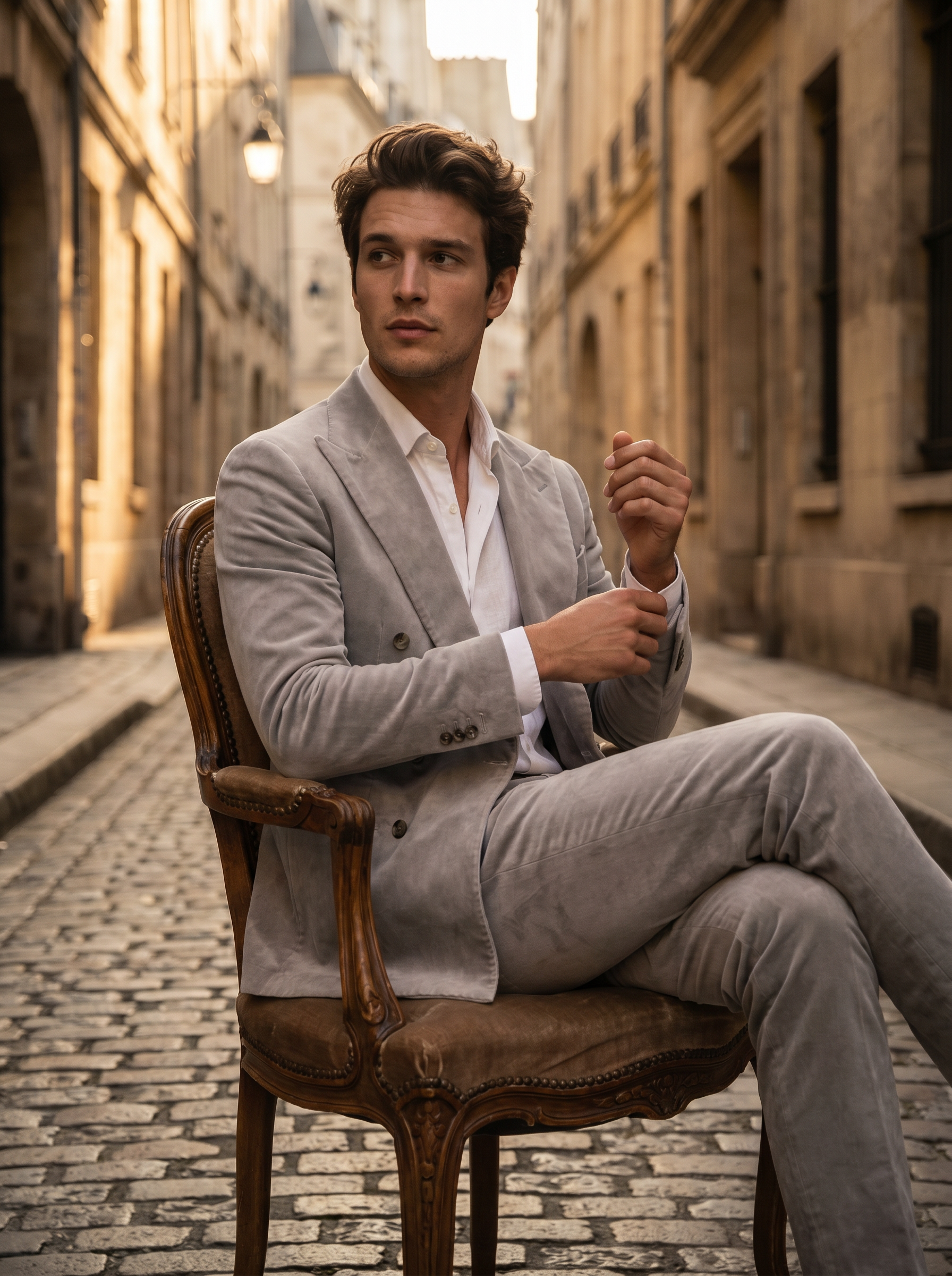 Light Gray Velvet Double Breasted Suit — Custom Made to Measure - seated view