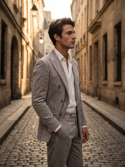 Light Gray Velvet Double Breasted Suit — Custom Made to Measure - side view