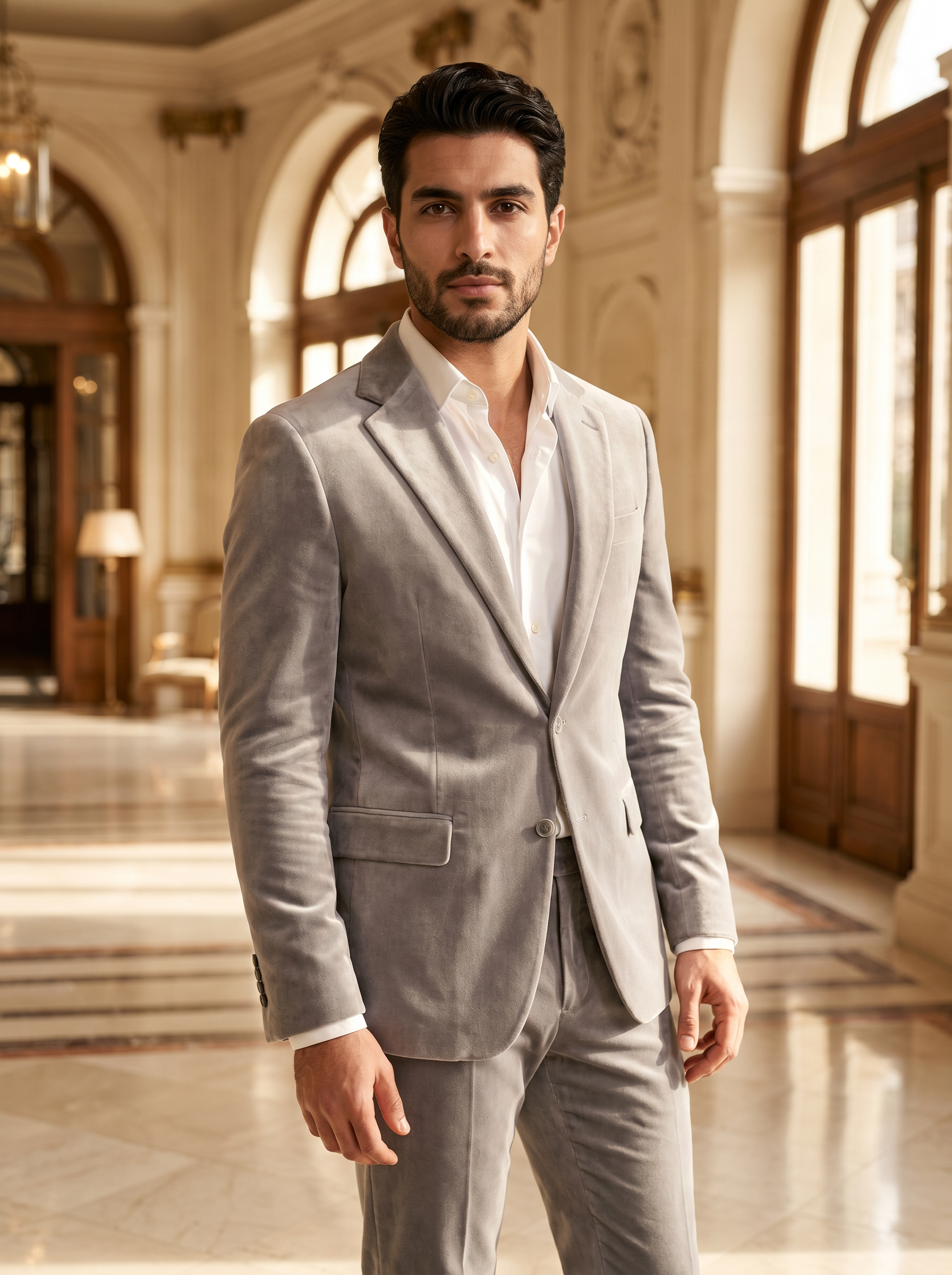 Light Gray Velvet Suit — Custom Made to Measure - front view