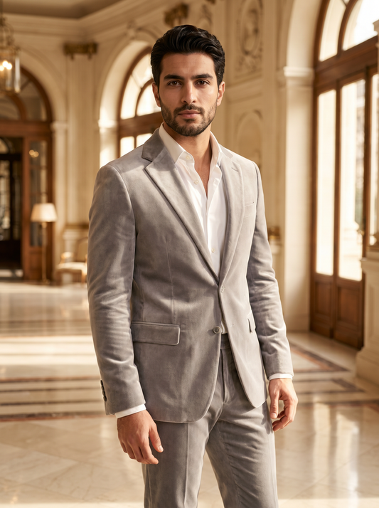 Light Gray Velvet Suit — Custom Made to Measure - front view