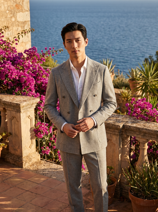 Light Gray Wool Double Breasted Suit — Custom Made to Measure - front view