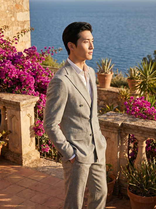 Light Gray Wool Double Breasted Suit — Custom Made to Measure - side view