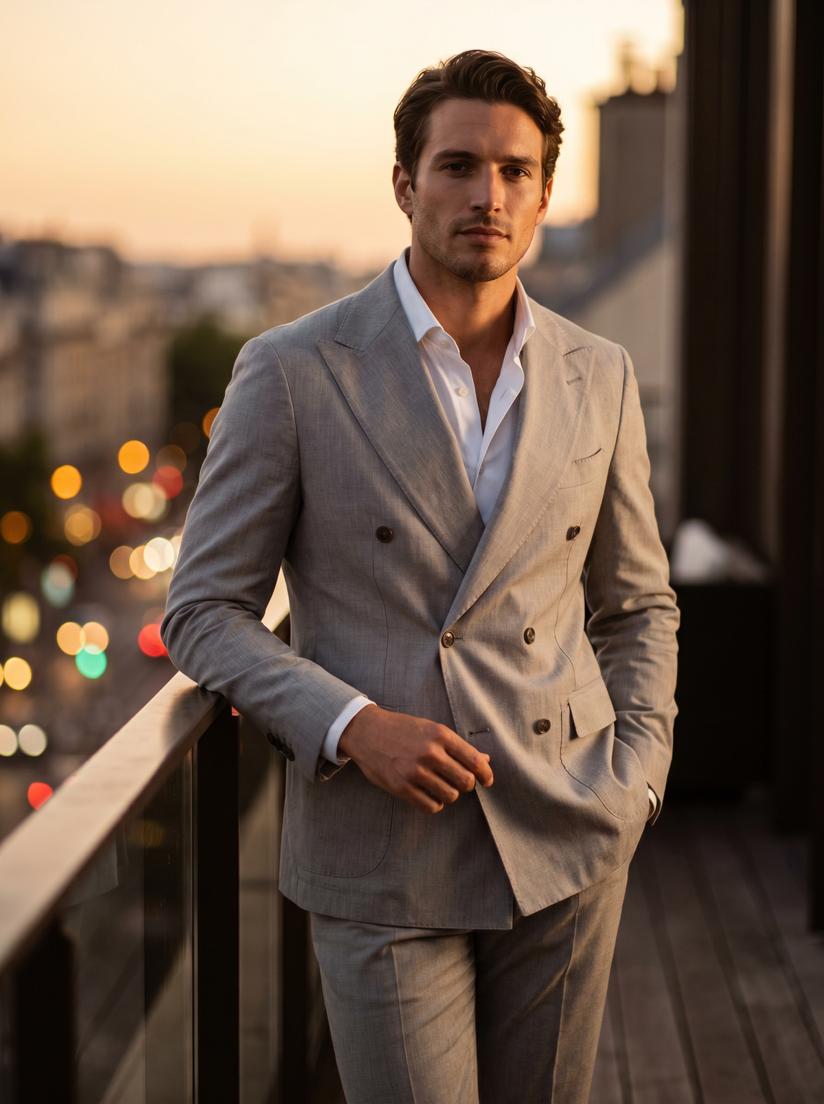 Light Grey Cotton Double Breasted Suit — Custom Made to Measure - front view