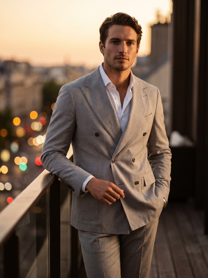 Light Grey Cotton Double Breasted Suit — Custom Made to Measure - front view