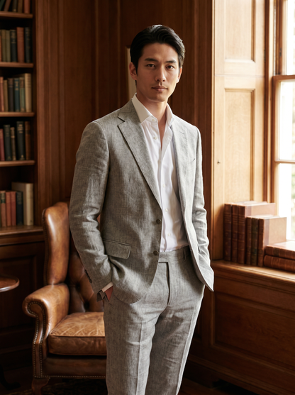 Light Grey Linen Groomsmen Suit — Custom Made to Measure - front view