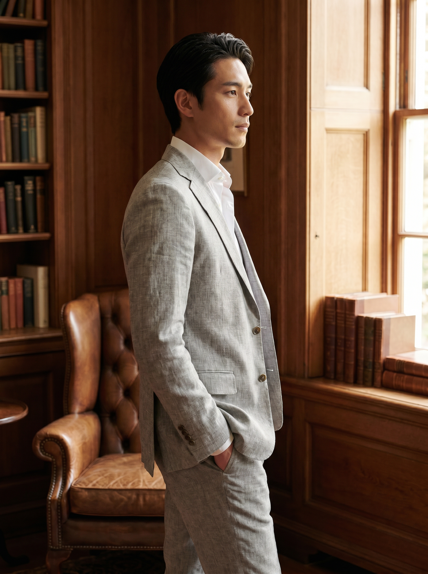 Light Grey Linen Groomsmen Suit — Custom Made to Measure - side view