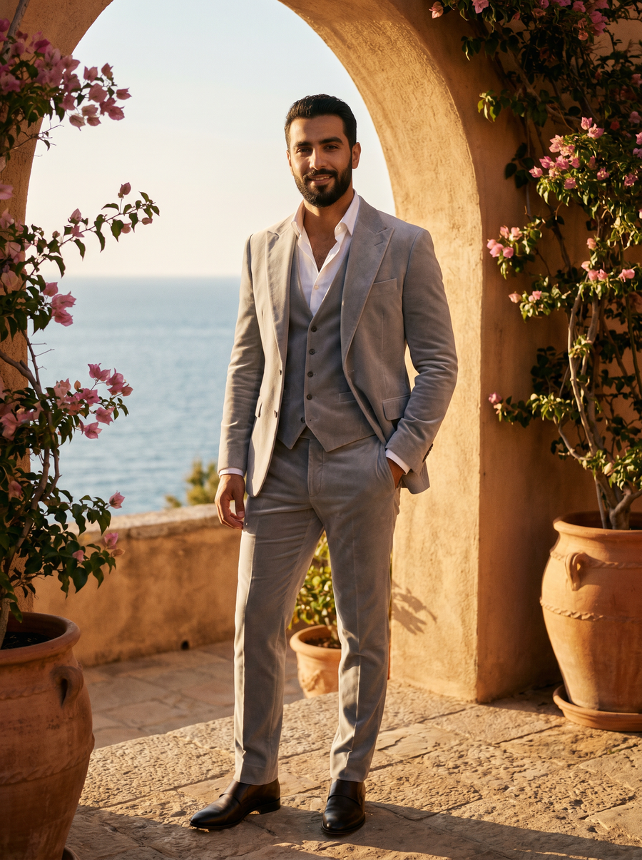 Light Grey Velvet 3-Piece Suit — Custom Made to Measure