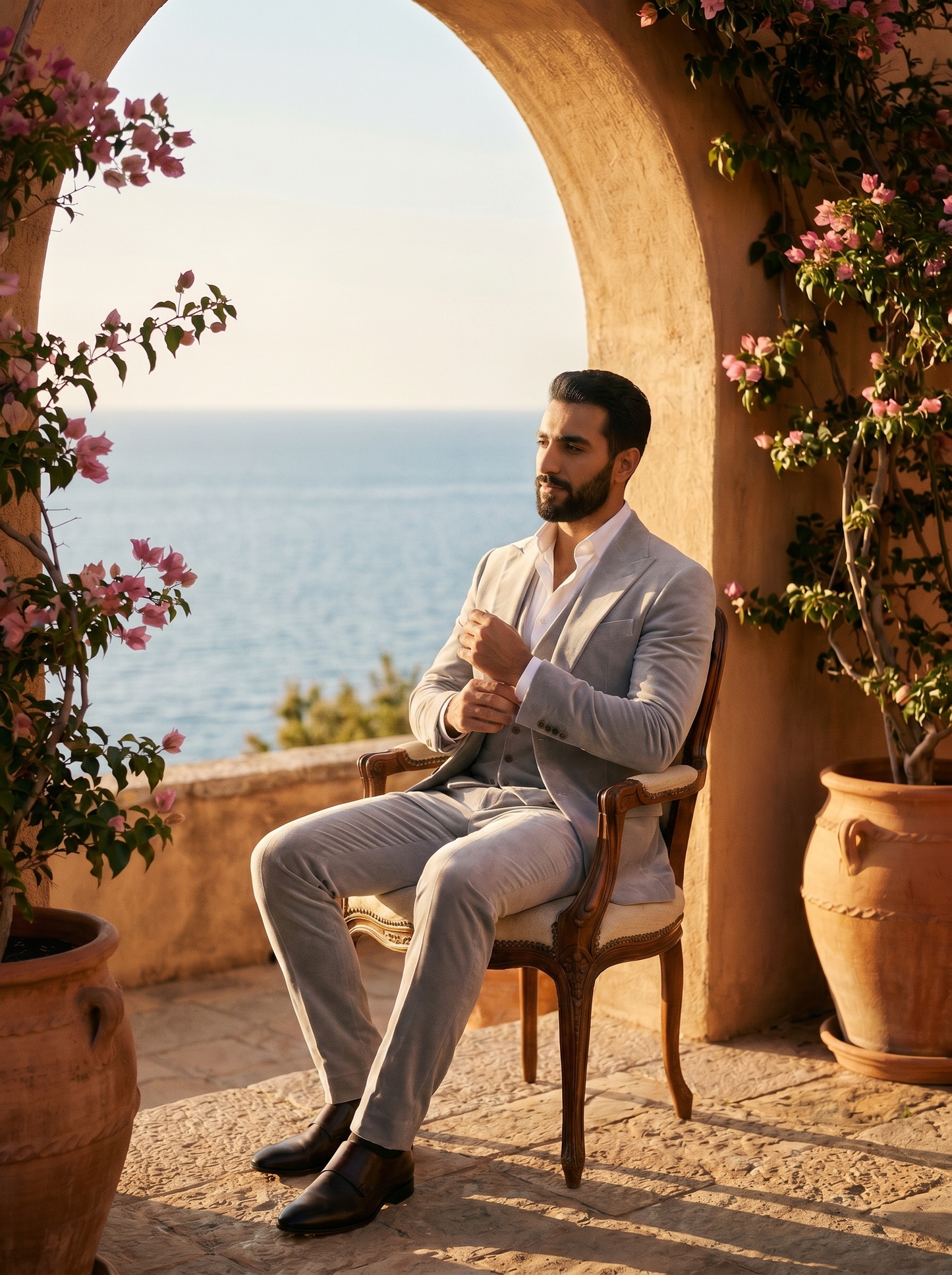 Light Grey Velvet 3-Piece Suit — Custom Made to Measure - seated view