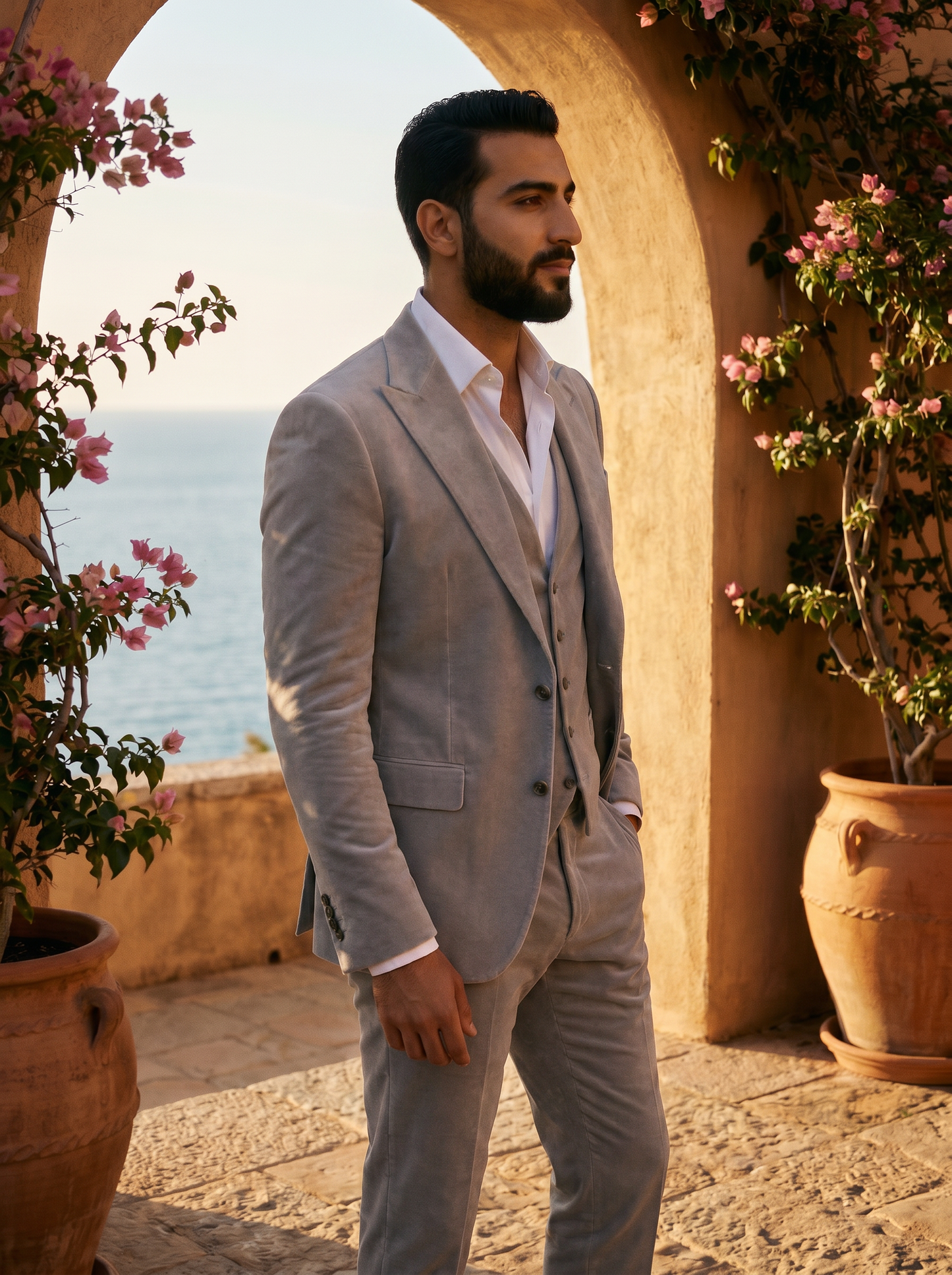 Light Grey Velvet 3-Piece Suit — Custom Made to Measure - side view