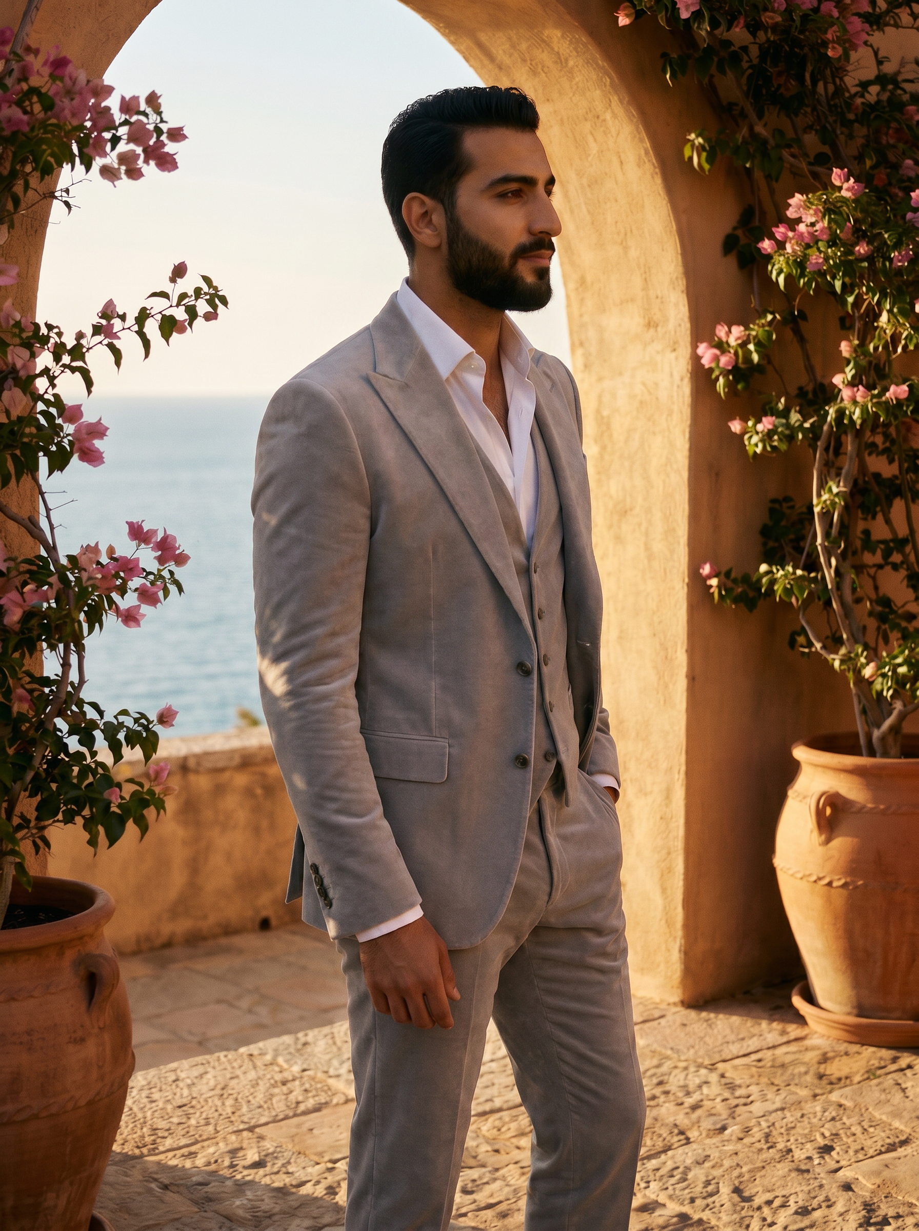 Light Grey Velvet 3-Piece Suit — Custom Made to Measure - side view