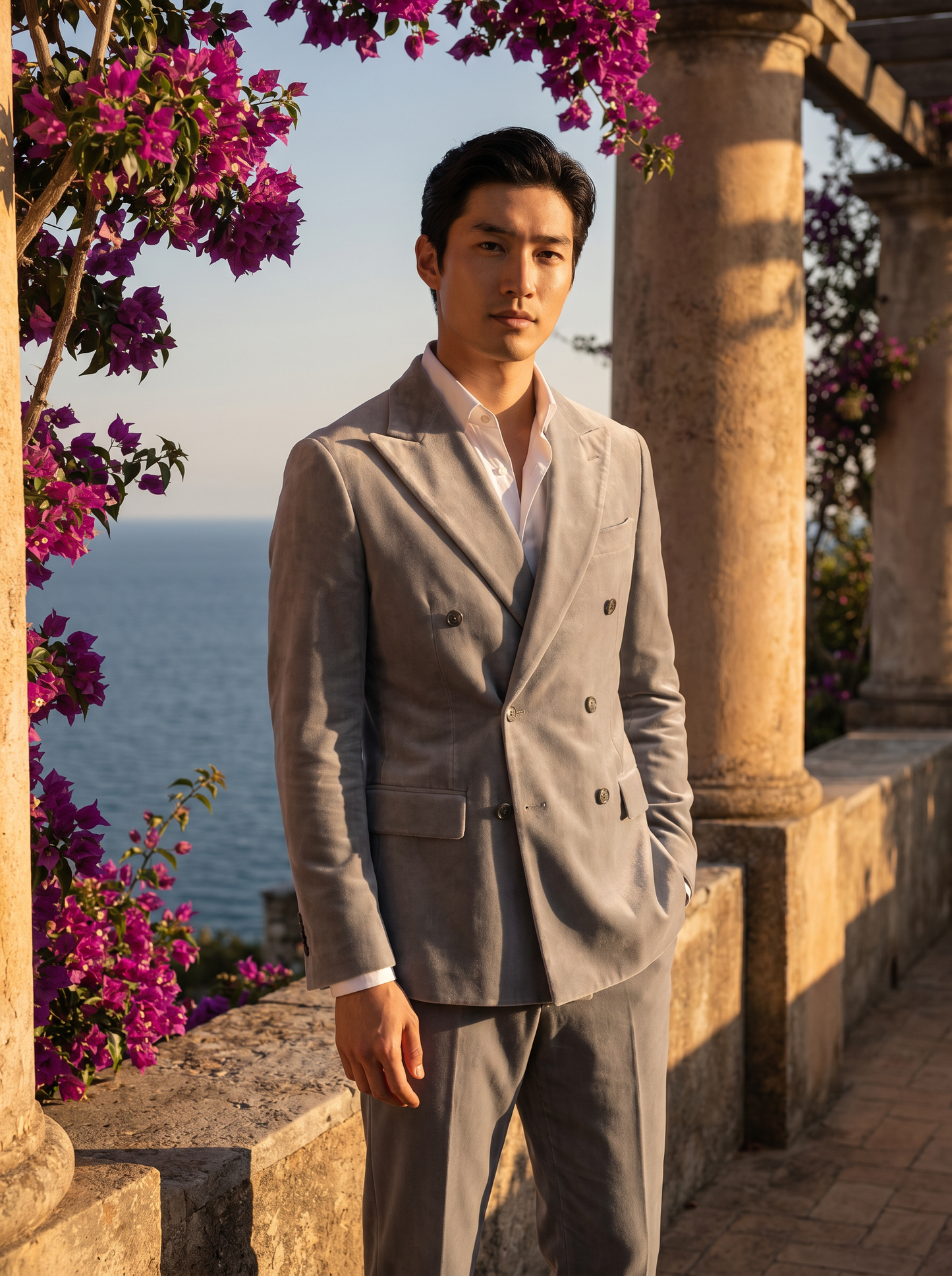 Light Grey Velvet Double Breasted Suit — Custom Made to Measure - front view