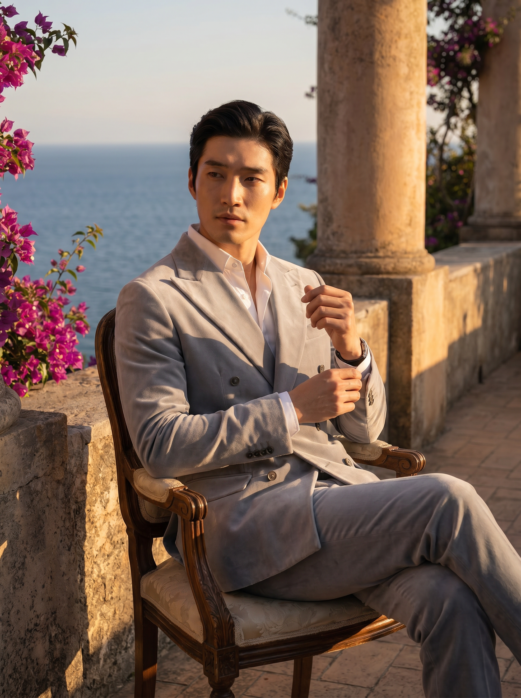 Light Grey Velvet Double Breasted Suit — Custom Made to Measure - seated view