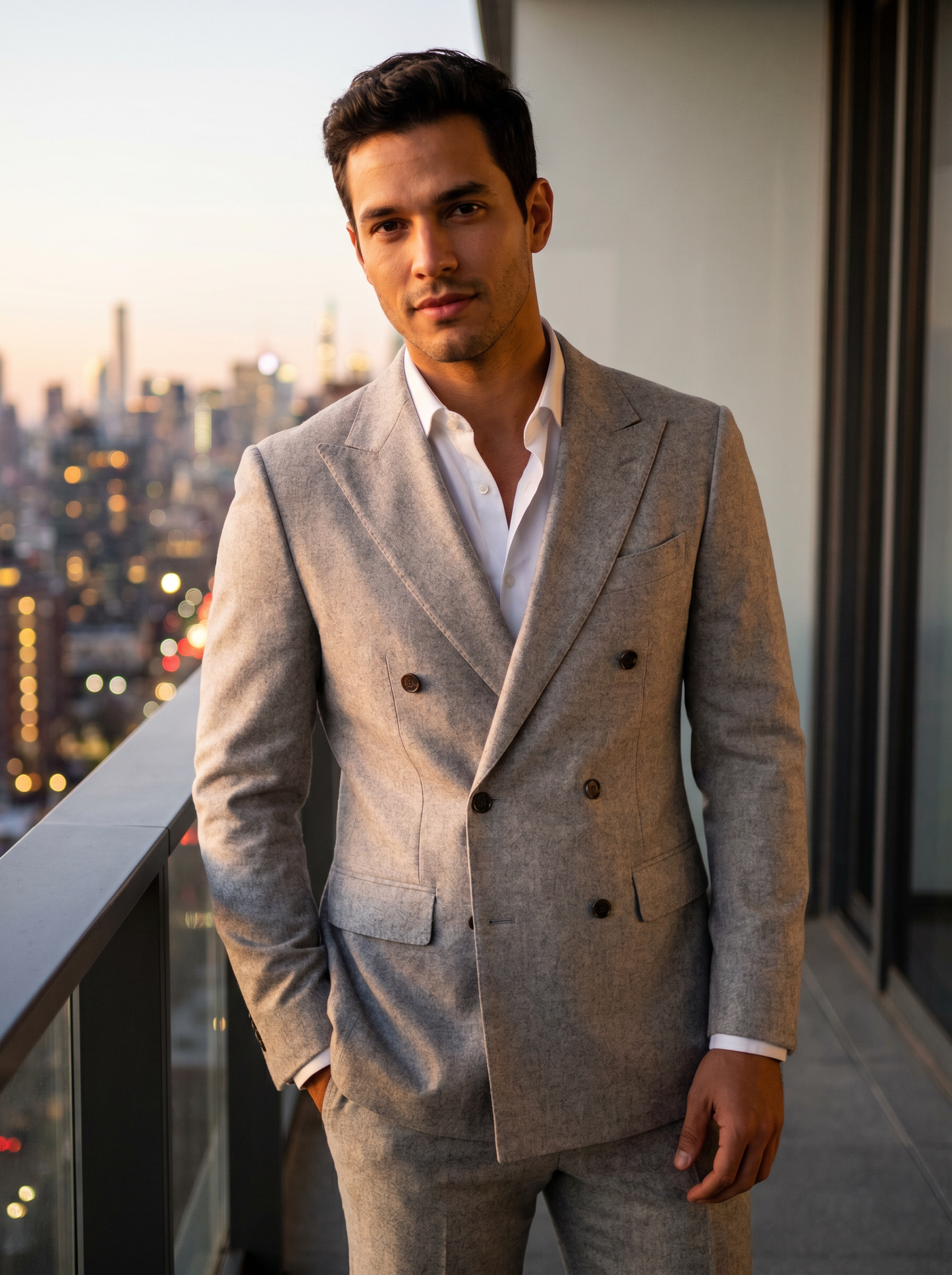 Light Grey Wool Double Breasted Suit — Custom Made to Measure - front view
