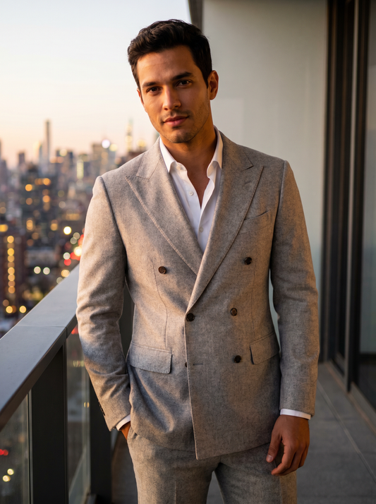 Light Grey Wool Double Breasted Suit — Custom Made to Measure - front view