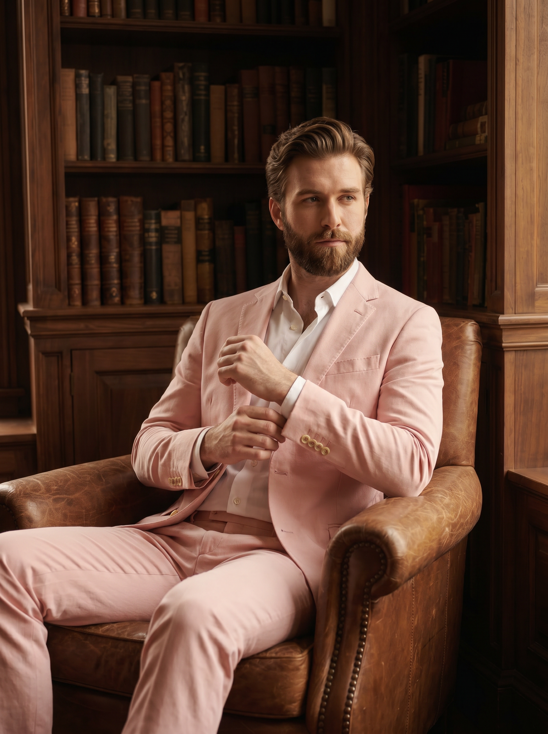 Light Pink Cotton Groomsmen Suit — Custom Made to Measure - seated view